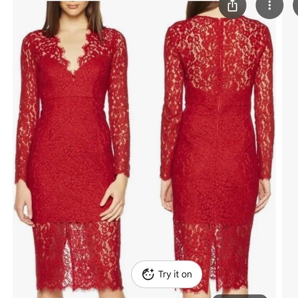 Bardot Red Lace Long Sleeve Dress